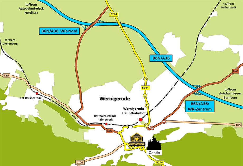Ferienwohnungen Altstadtherz Wernigerode - Roads in the area - The B6N/A36 B244 L82 L85 and L100