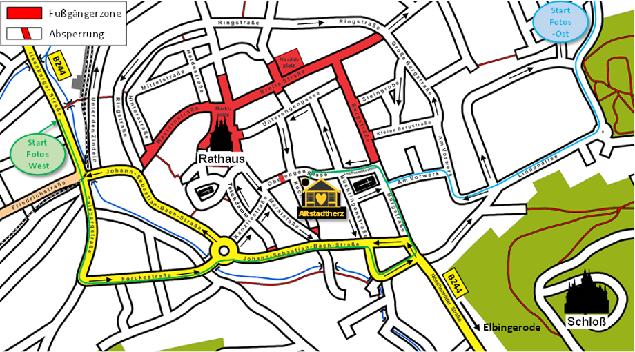 Karte der Ferienwohnungen Altstadtherz in der Innenstadt von Wernigerode mit Einbahnstraßen, Fußgängerzonen und Absperrungen