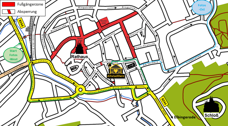 Karte der Ferienwohnungen Altstadtherz in der Innenstadt von Wernigerode mit Einbahnstraßen, Fußgängerzonen und Absperrungen